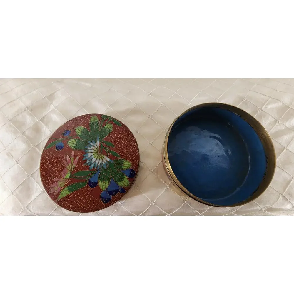 Vintage Chinese Cloisonne Enamel Brass Round Trinket Jewelry Box Floral 3